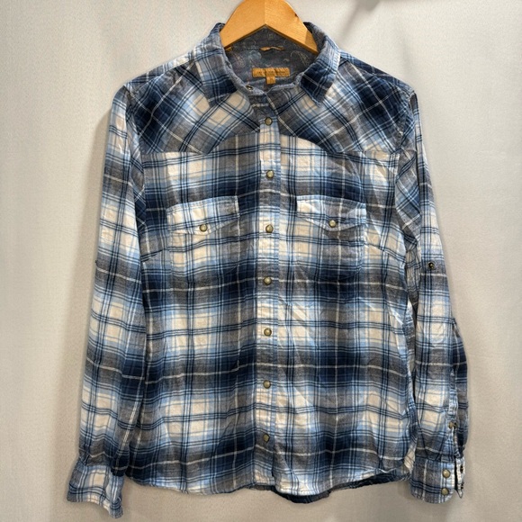 Jachs Girlfriend Blue Plaid Flannel Button Down Shirt Women’s Medium - Picture 1 of 3